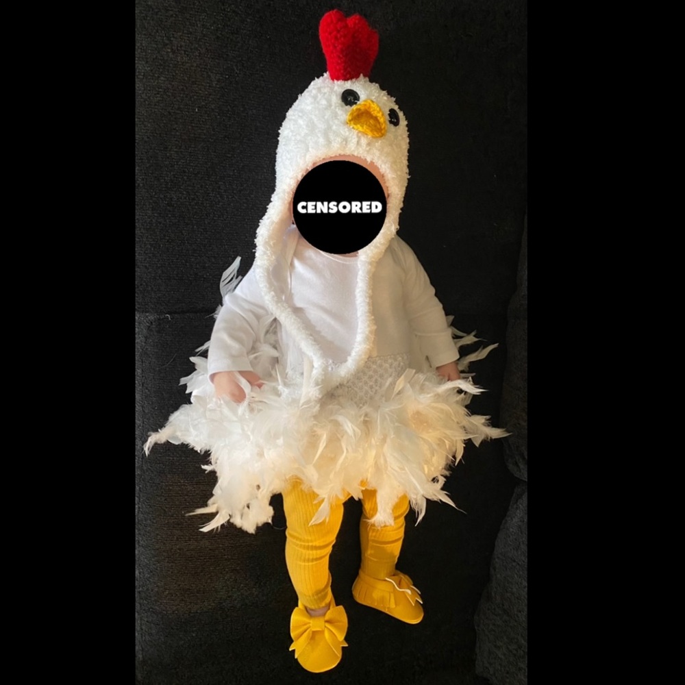 Chicken costume for infant & 2 adult cow costumes